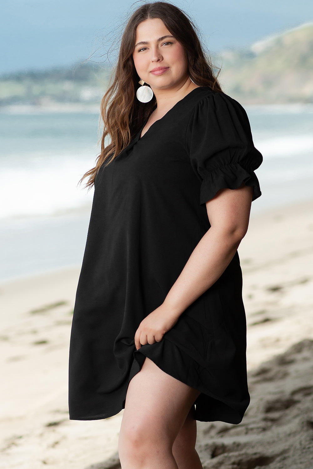 Black Ruffled Puff Sleeve V Neck Plus Size Mini Dress