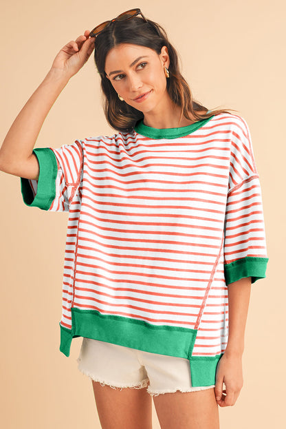 Black Stripe Contrast Trim Drop Sleeve Loose Top