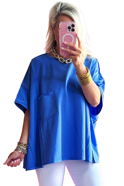 Blue Patched Pocket Exposed Seam Oversize T-shirt