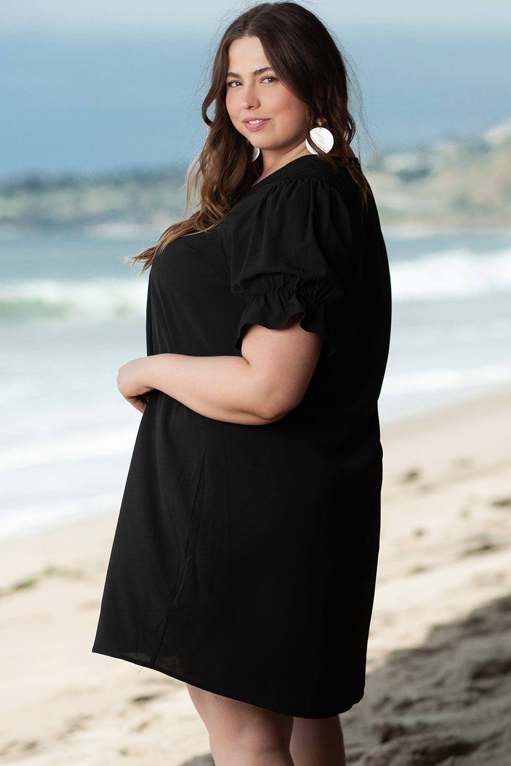 Black Ruffled Puff Sleeve V Neck Plus Size Mini Dress