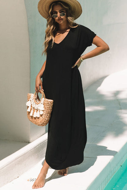 Black Solid Color Hidden Pocket V Neck Slit Maxi Dress