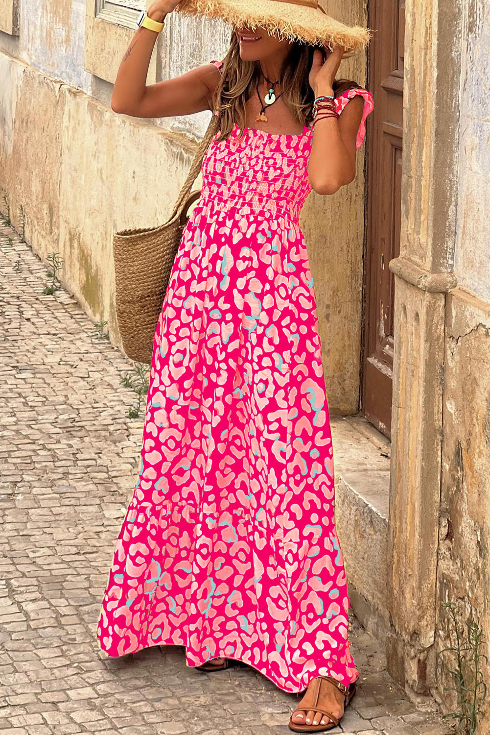 Pink Leopard Ruffle Straps Smocked High Waist Maxi Dress