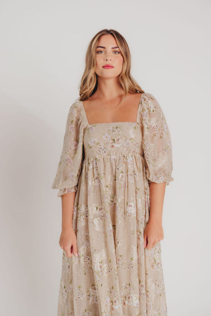 Mona Maxi Dress in Beige/Brown Floral - Bump Friendly - Inclusive Sizing (S-3X)