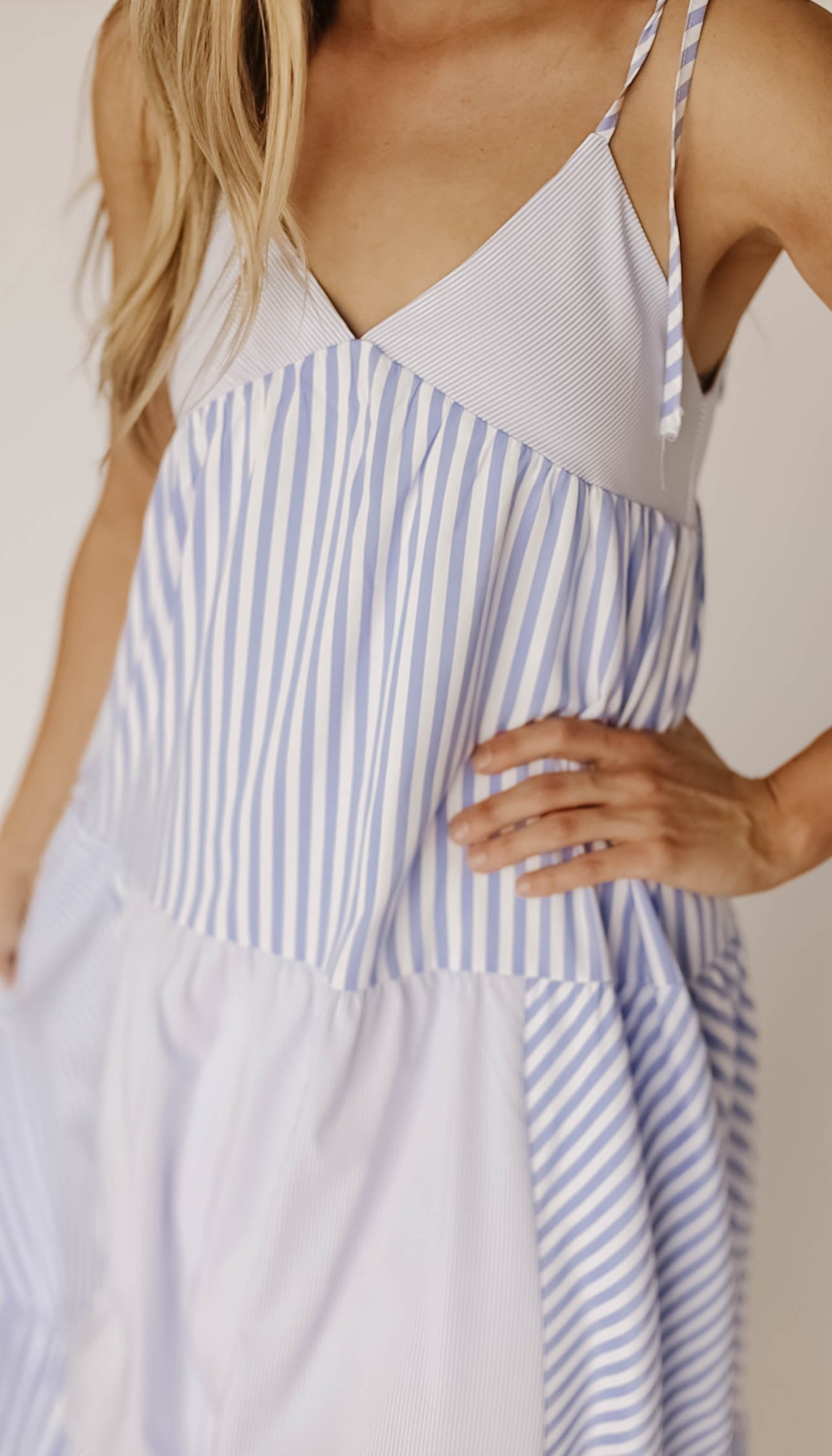 Teri Tiered Maxi Dress with Tie Straps in Sky Blue Stripe