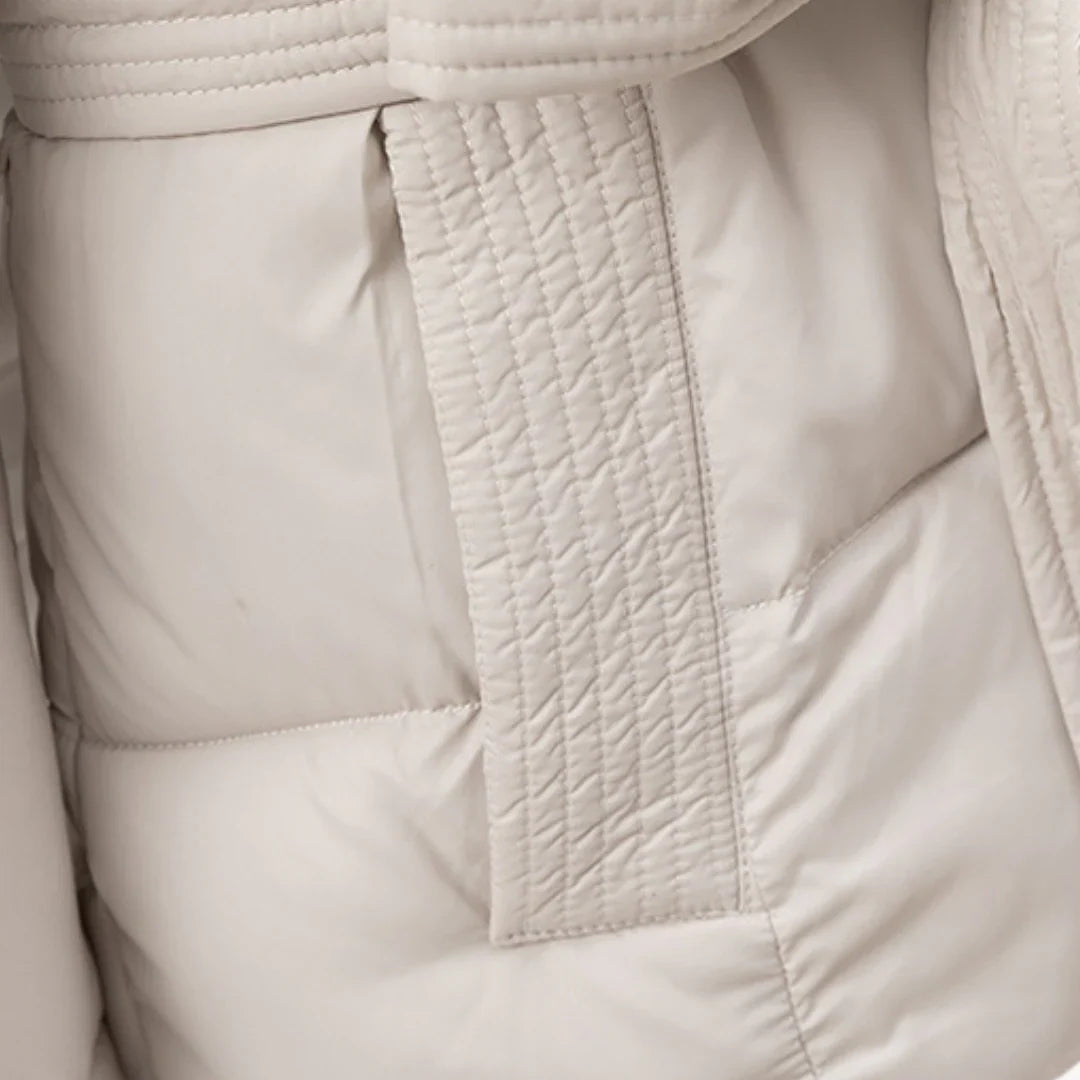 Women's winter jacket with hood and belt, lightly padded