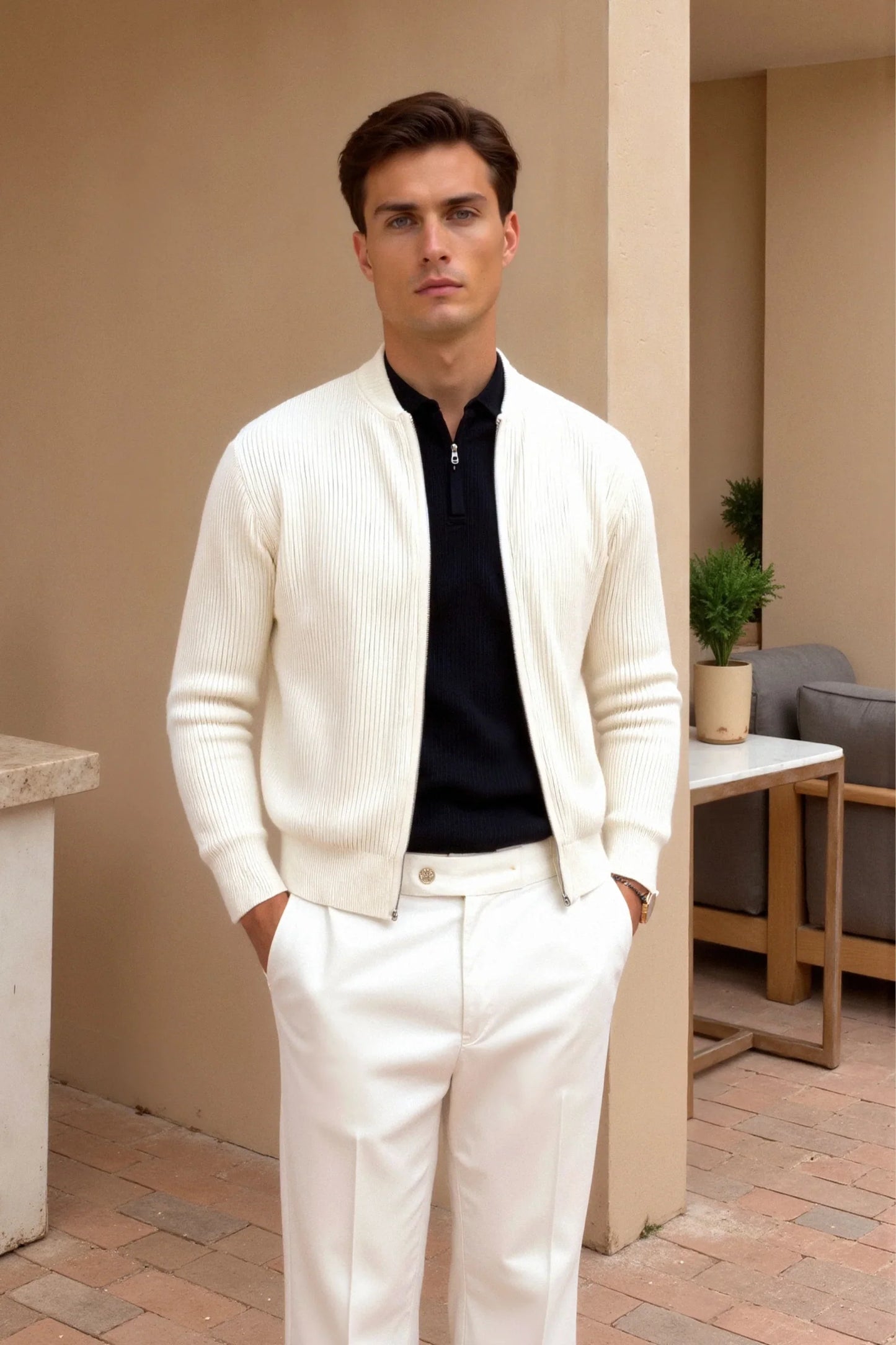 Elegant minimalist zip knit cardigan – men