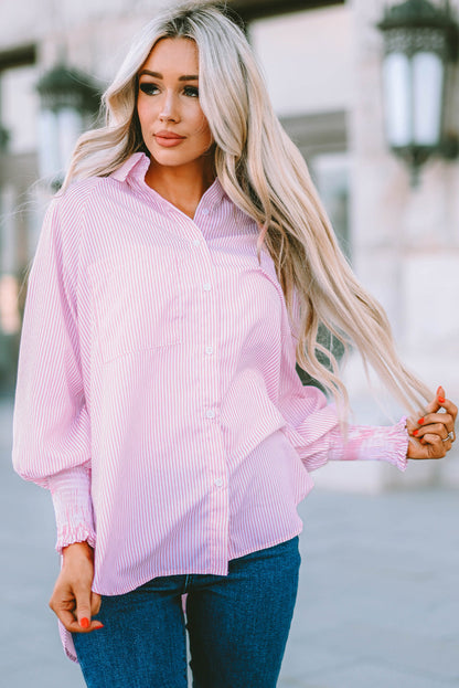 Light Blue Striped Casual Shirred Cuffs Shirt