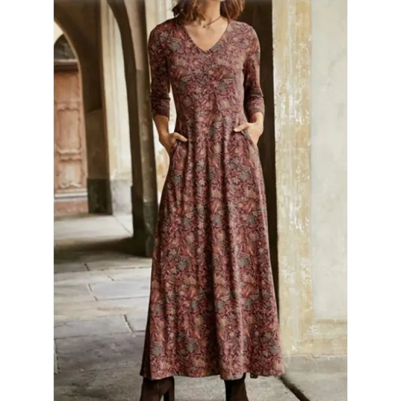 Women's V-neck Elegant Vintage Floral Pattern Cotton Shirt Dress