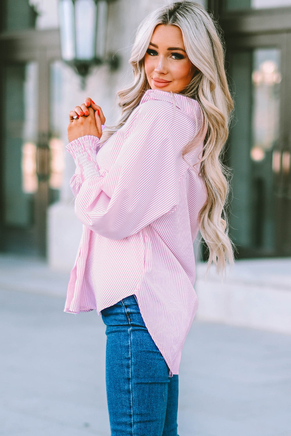 Light Blue Striped Casual Shirred Cuffs Shirt