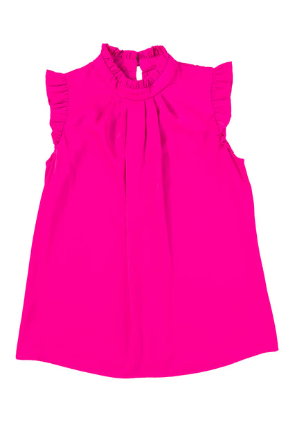 Bright Pink Frilled Trim Sleeveless Pleated Blouse