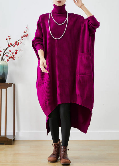 Red Oversized Knit Sweater Dress Turtle Neck Asymmetrical Batwing Sleeve