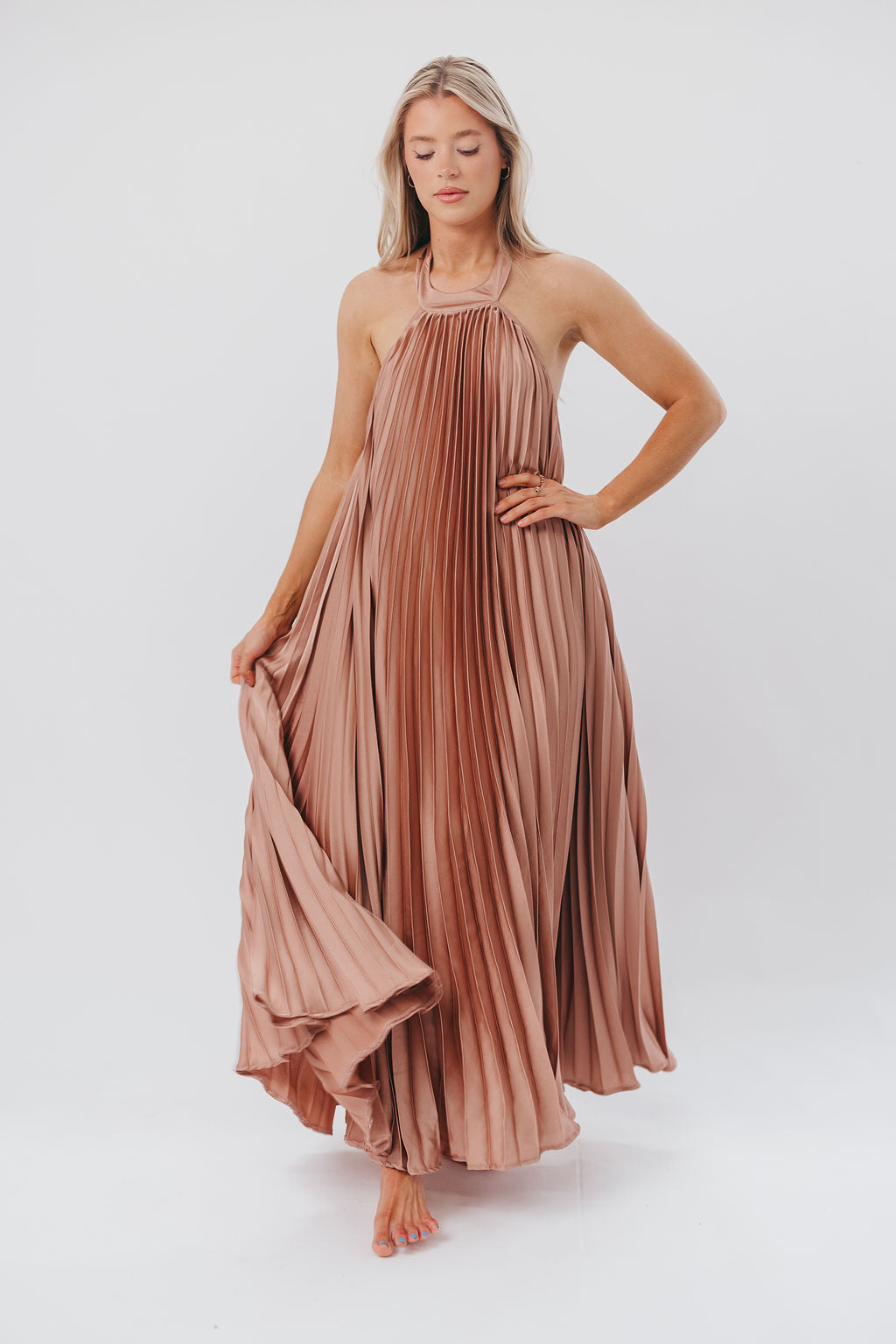 Maren Pleated Halter Maxi Dress in Mauve - Bump Friendly (S-XL)