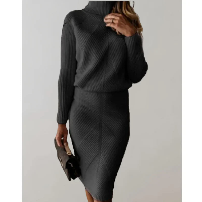 Elegant women's set with roll-neck sweater and skirt