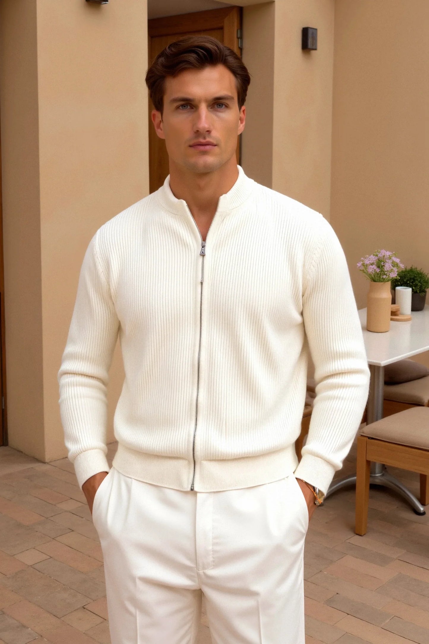 Elegant minimalist zip knit cardigan – men