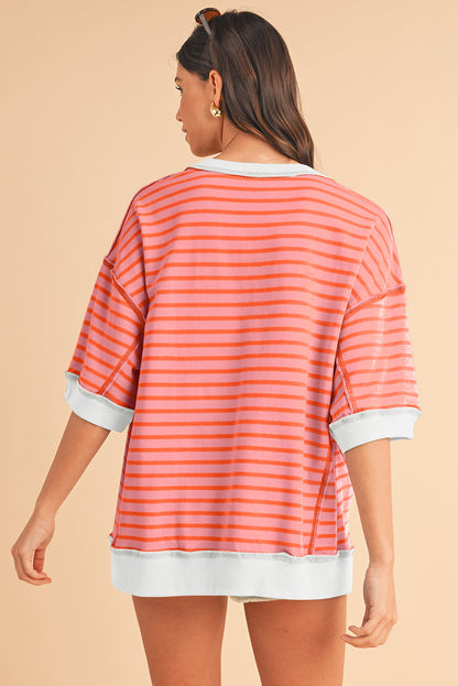 Black Stripe Contrast Trim Drop Sleeve Loose Top