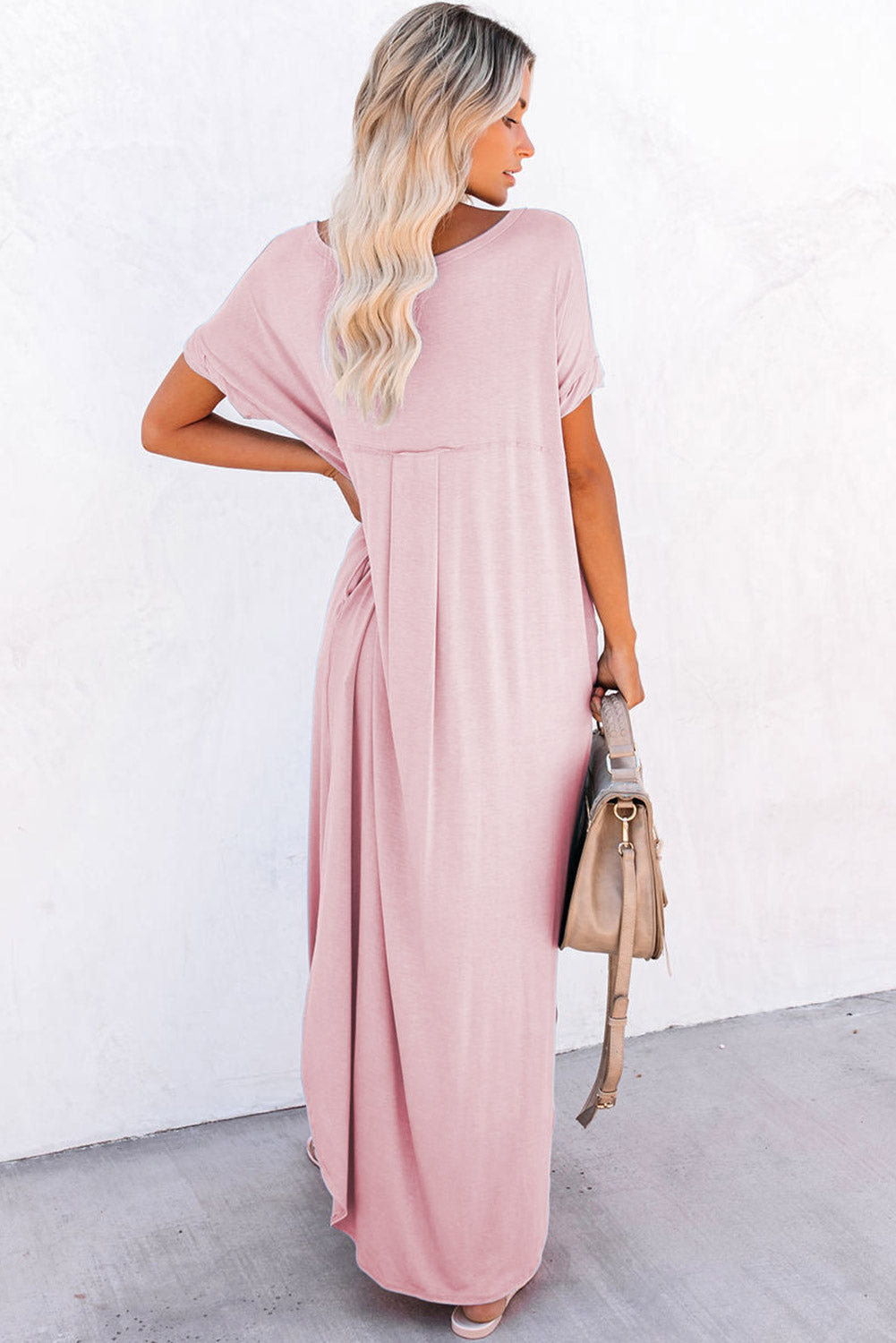 Black Solid Color Hidden Pocket V Neck Slit Maxi Dress