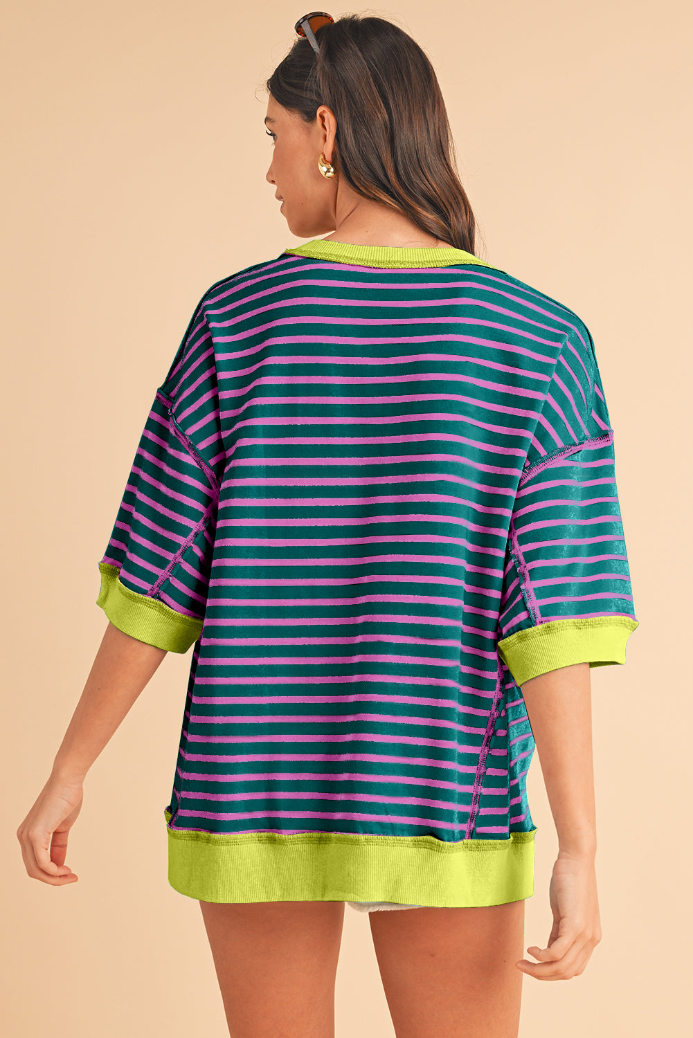 Black Stripe Contrast Trim Drop Sleeve Loose Top