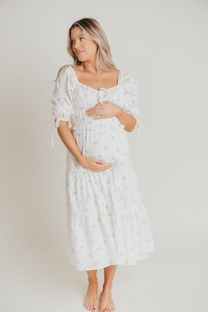 Positano Puffed Sleeve Midi Dress in White Floral - Bump Friendly