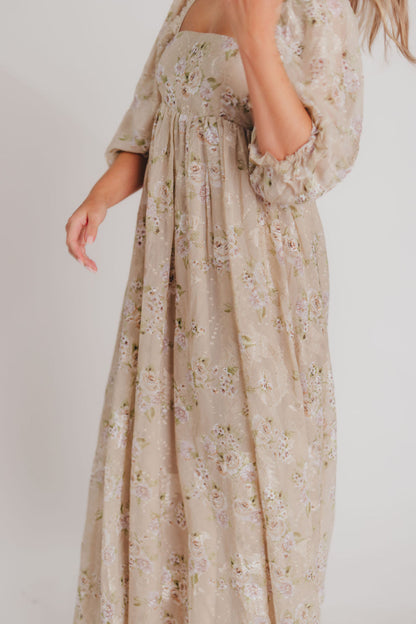 Mona Maxi Dress in Beige/Brown Floral - Bump Friendly - Inclusive Sizing (S-3X)