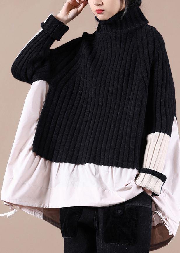 Aesthetic Black Top High Neck Patchwork Plus Size Clothing Spring Knitted Blouse