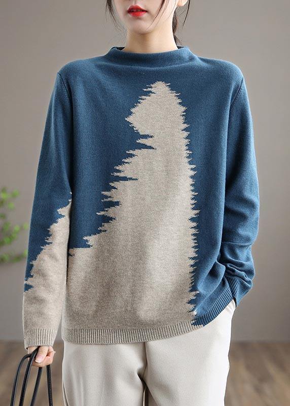 Aesthetic Blue Knitted Pullover O Neck Plus Size Knit Sweat Tops