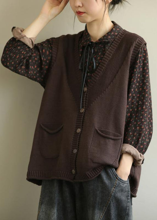 Aesthetic chocolate casual v neck sleeveless knit outwear