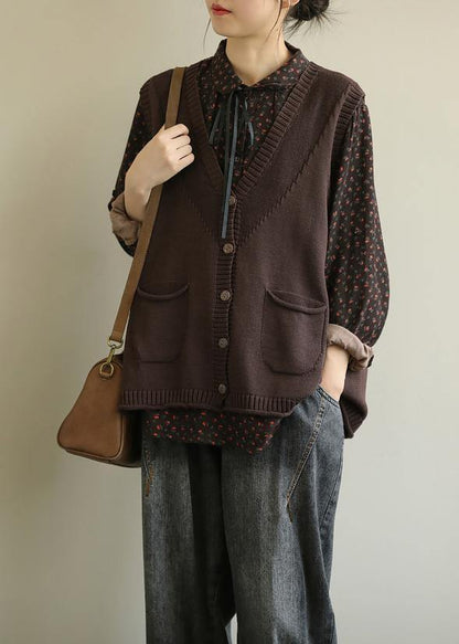 Aesthetic chocolate casual v neck sleeveless knit outwear