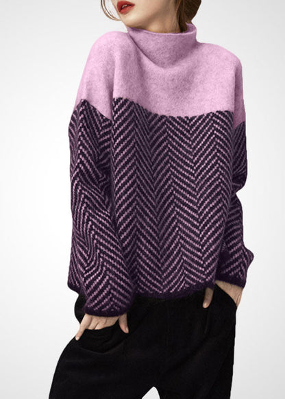 Art Purple High Neck Oversized Patchwork Wool Short Sweater Winter