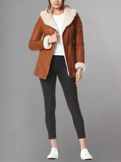 Ayva’s Tan Sheepskin Coat With Hoodie for Women