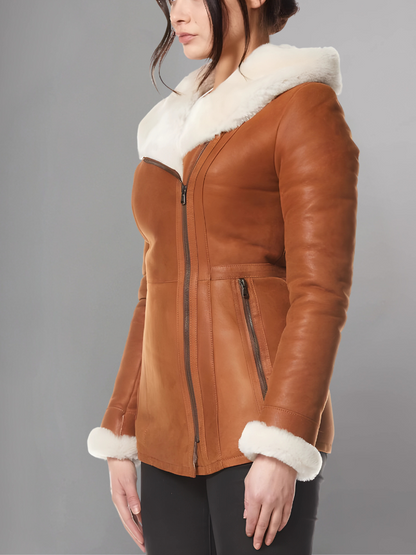 Ayva’s Tan Sheepskin Coat With Hoodie for Women