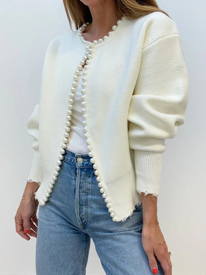Vivien knit cardigan with pearl & fringe detail – women