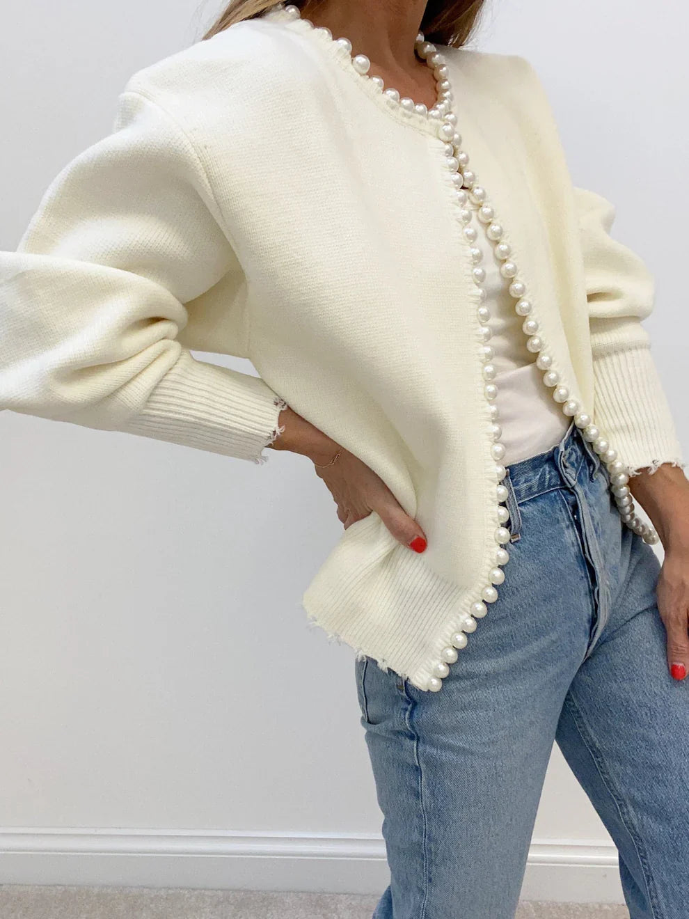 Vivien knit cardigan with pearl & fringe detail – women