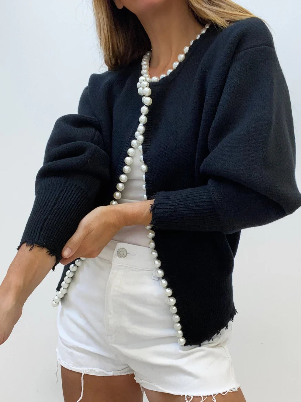 Vivien knit cardigan with pearl & fringe detail – women