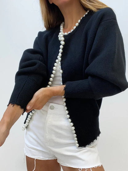 Vivien knit cardigan with pearl & fringe detail – women