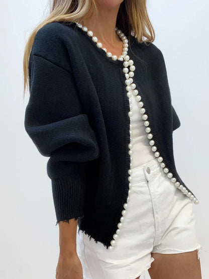 Vivien knit cardigan with pearl & fringe detail – women