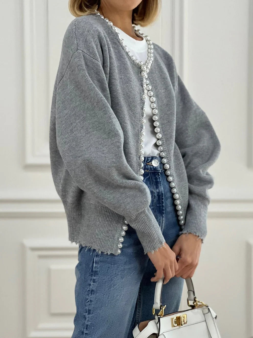Vivien knit cardigan with pearl & fringe detail – women