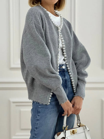 Vivien knit cardigan with pearl & fringe detail – women
