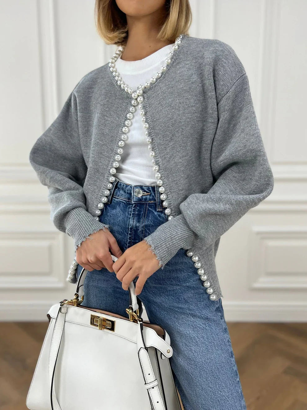 Vivien knit cardigan with pearl & fringe detail – women