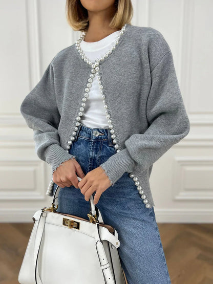 Vivien knit cardigan with pearl & fringe detail – women