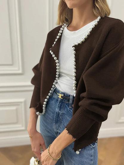 Vivien knit cardigan with pearl & fringe detail – women