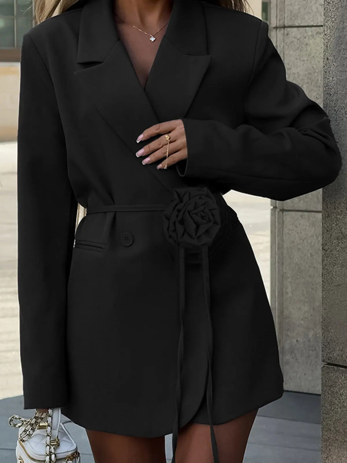 Celeste elegant blazer with waist belt & rose detail