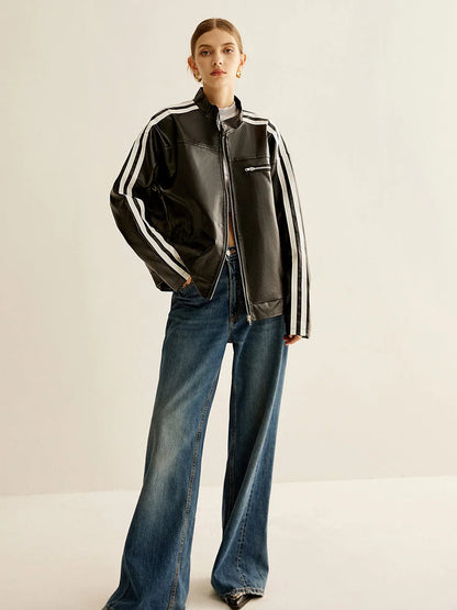 Noah black leather jacket with contrast stripes – women
