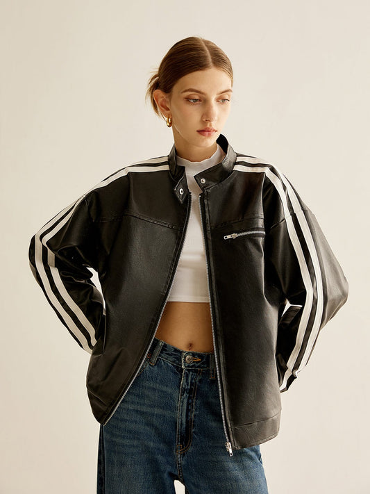 Noah black leather jacket with contrast stripes – women