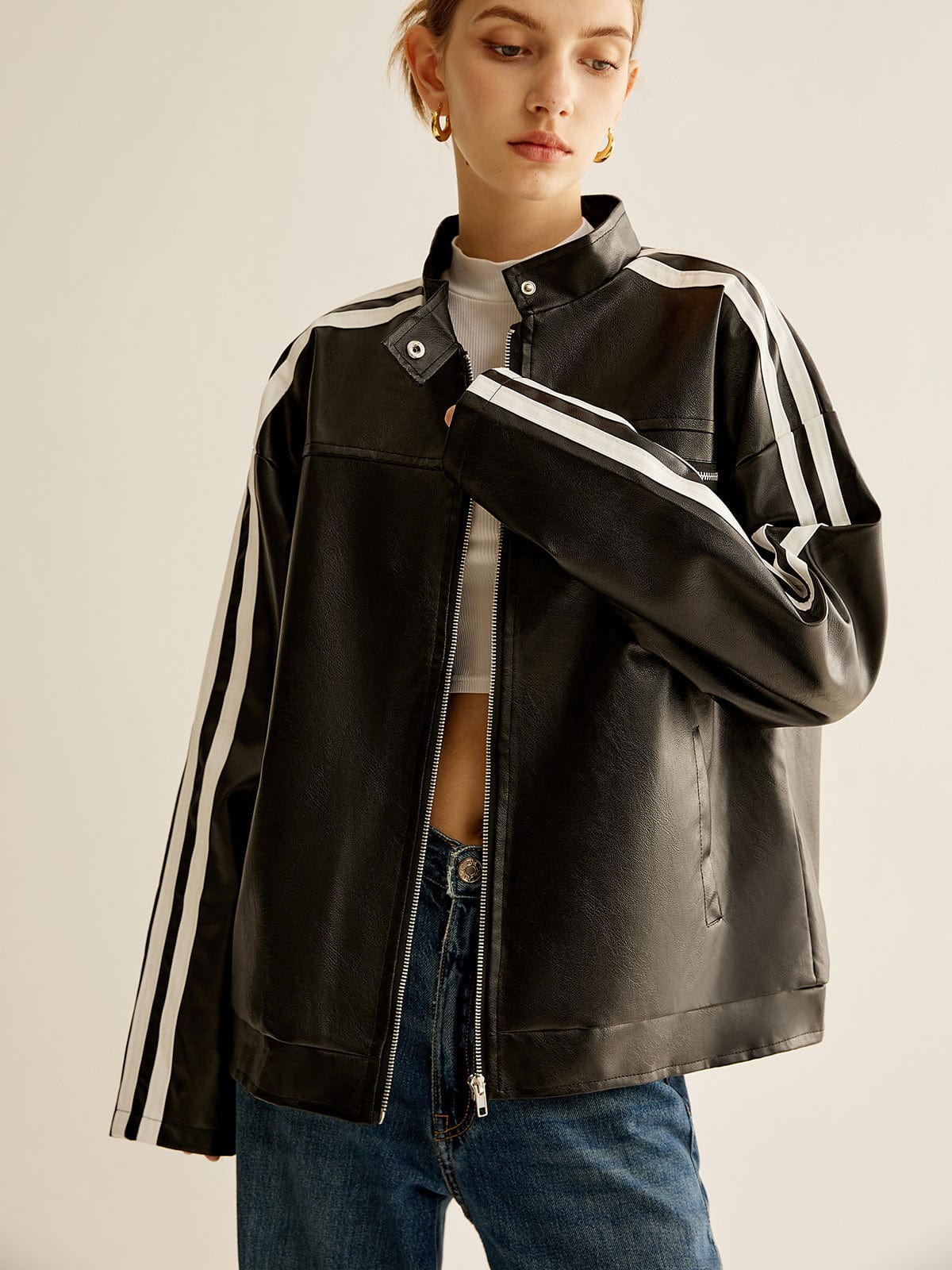 Noah black leather jacket with contrast stripes – women