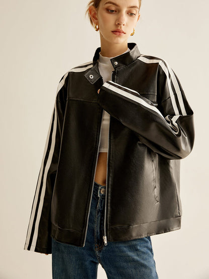 Noah black leather jacket with contrast stripes – women