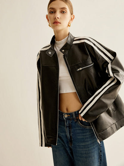 Noah black leather jacket with contrast stripes – women