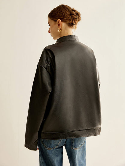Noah black leather jacket with contrast stripes – women