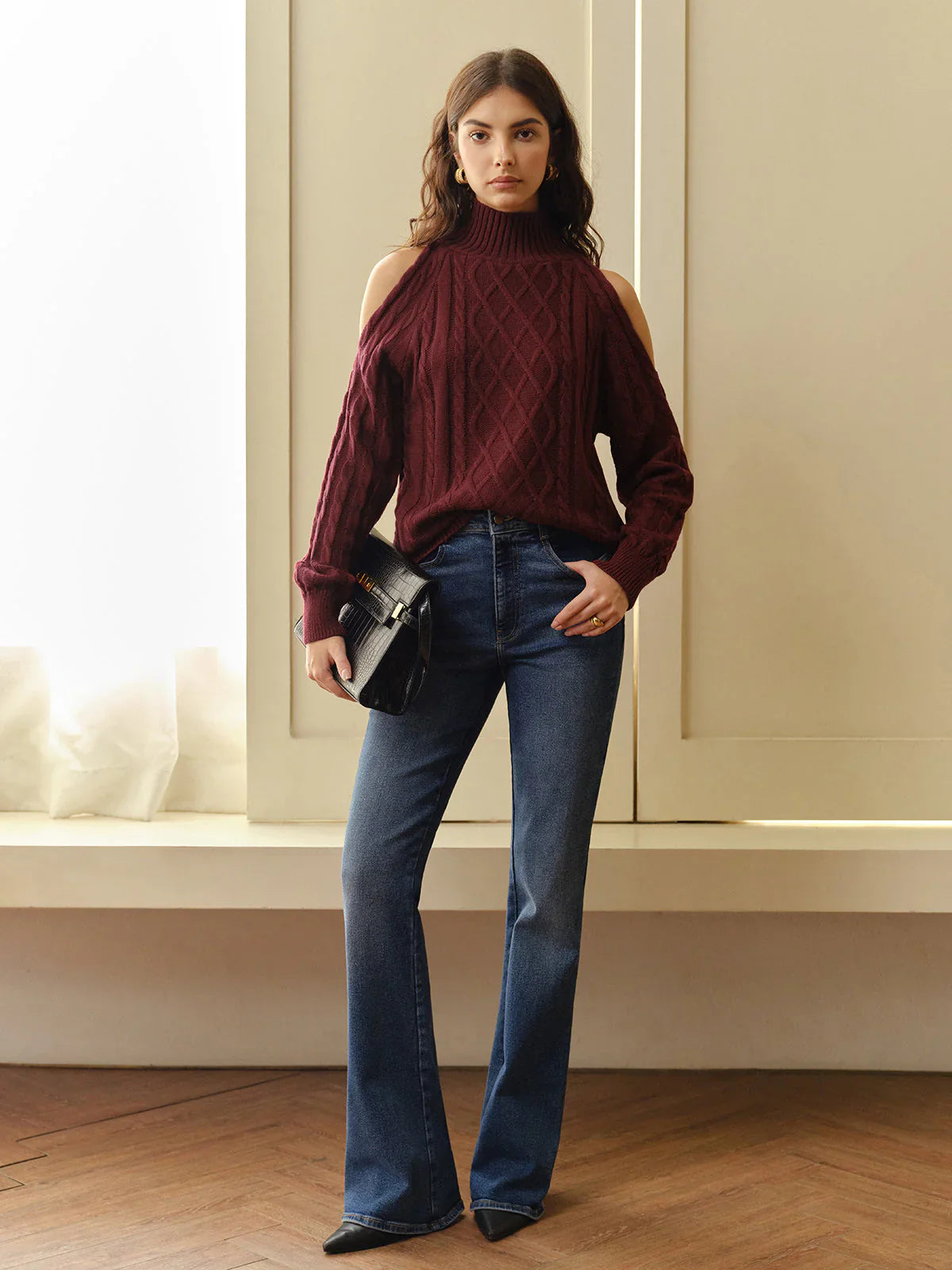 Eva off-shoulder plaid knit sweater – women