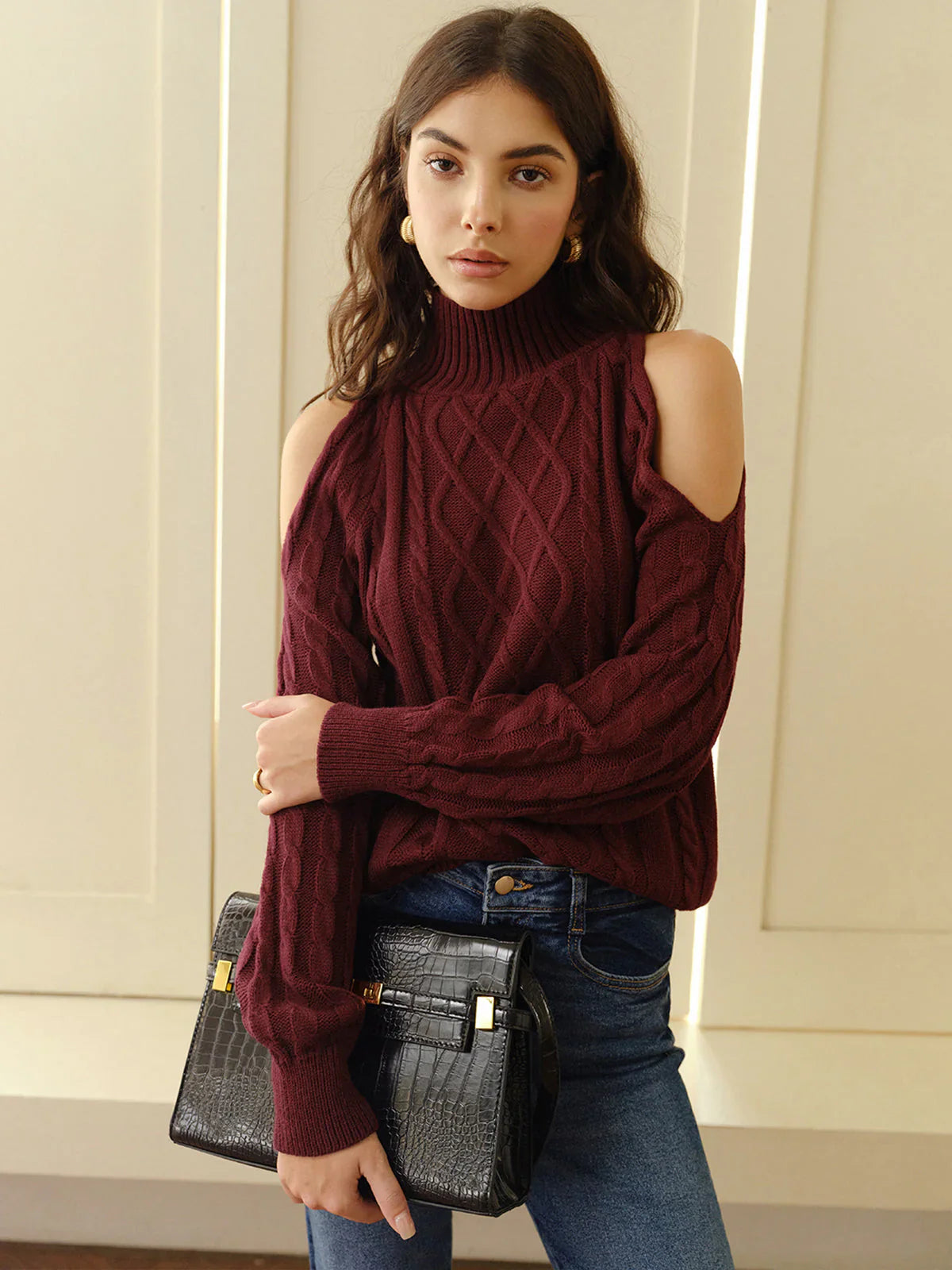 Eva off-shoulder plaid knit sweater – women