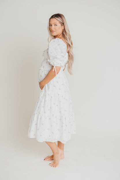 Positano Puffed Sleeve Midi Dress in White Floral - Bump Friendly